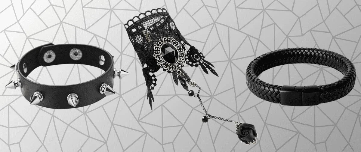 Bracciale Punk Rock BOBIJOO JEWELRY 4 Ranghi In Pelle Sintetica Nera E Metallo – Uomo E Donna, Larghezza 3.5 Cm
