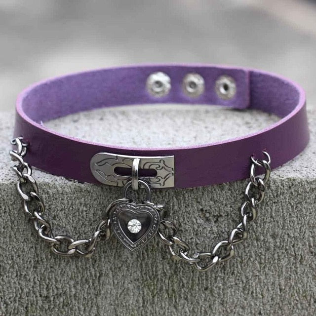 Collier Ras Du Cou Gothique Cuir Noir Coeur Rouge - Style Bohème Élégant