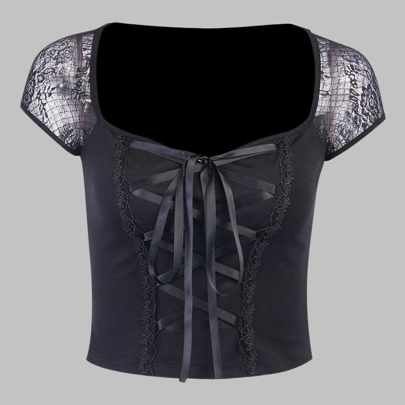 T-shirt Noir Dentelle Gothique Rock Bohème - Taille 38/40 (équivalent S-M) - Neuf Sans étiquettes
